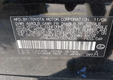 2007 Lexus Es 350 z USA, uszkodzony, nr VIN JTHBJ46G372074236